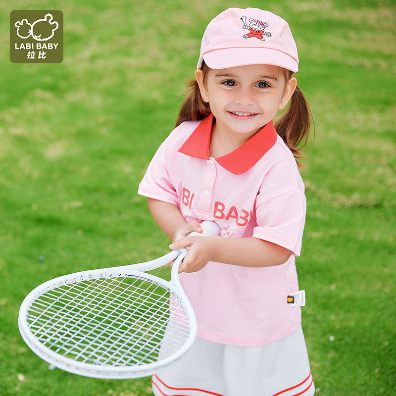 LABI BABY Suit For Girls Pink Cotton Summer Short Sleeve Sets For Children Letter Print Turn Down Collar Girl Clothes Casual