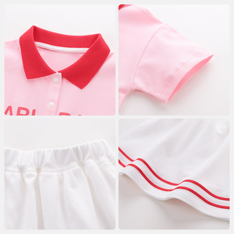 LABI BABY Suit For Girls Pink Cotton Summer Short Sleeve Sets For Children Letter Print Turn Down Collar Girl Clothes Casual