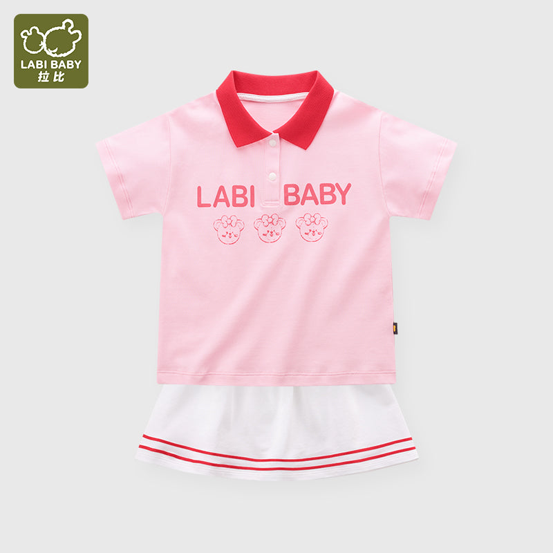 LABI BABY Suit For Girls Pink Cotton Summer Short Sleeve Sets For Children Letter Print Turn Down Collar Girl Clothes Casual