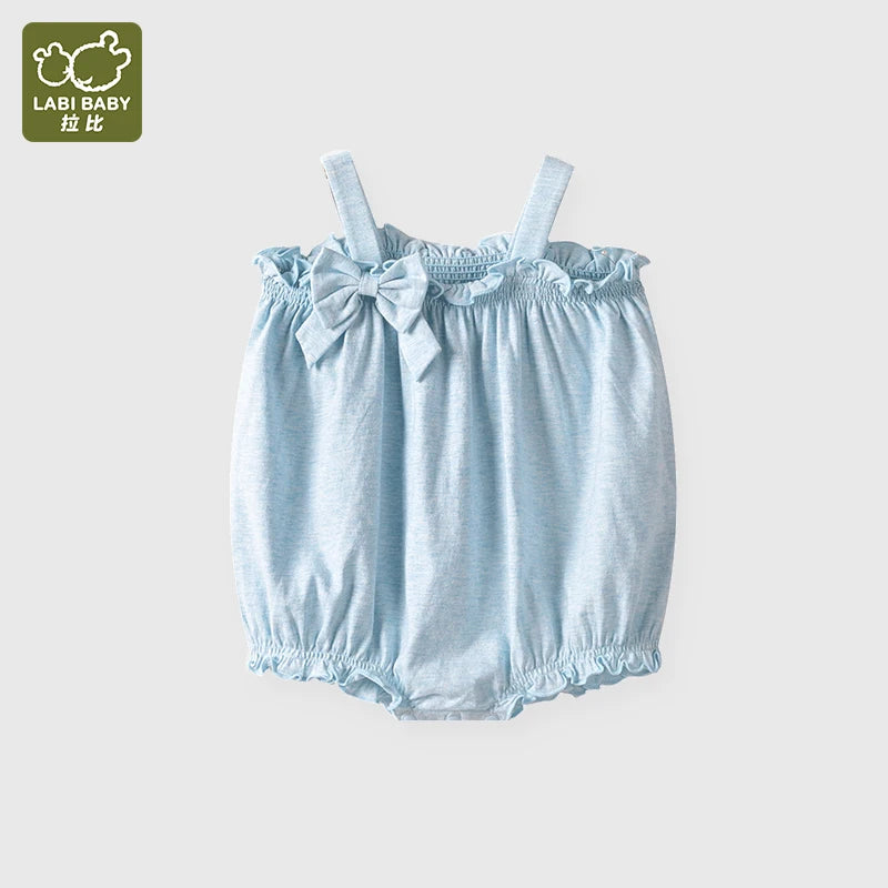 LABI BABY Baby Girls Summer Sleeveless Bodysuits Solid Color Cotton Baby Clothing bow Sweet Toddler Childrens Clothes