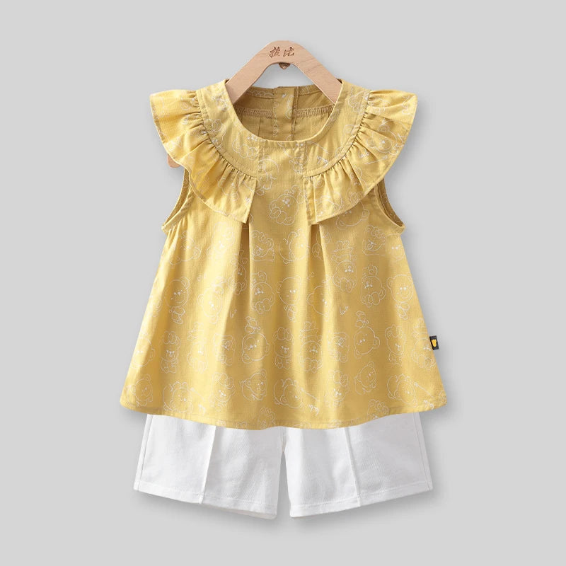 LABI BABY Girls Summer Sleeveless Ruffle Costume Set Butterfly Sleeve Top Outfits Set Toddler Cartoon Print T shirt Kids Clothes