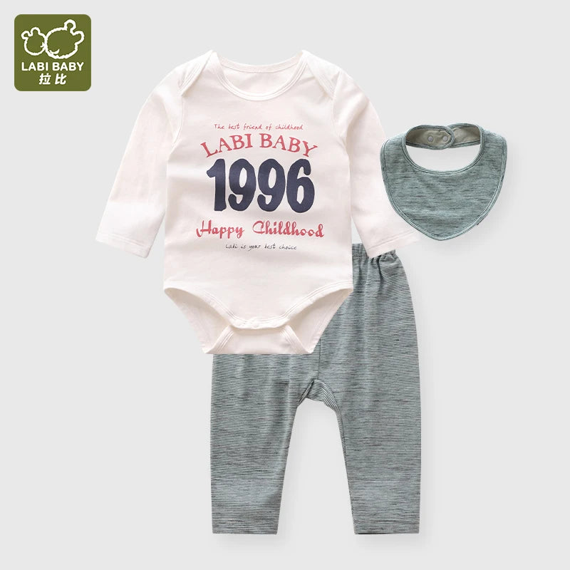 Spring and Autumn 3-18 Months Jumpsuit Clothing Mouth Water Scarf and Pants 3-piece Set for Boys and Girls Baby Clothing