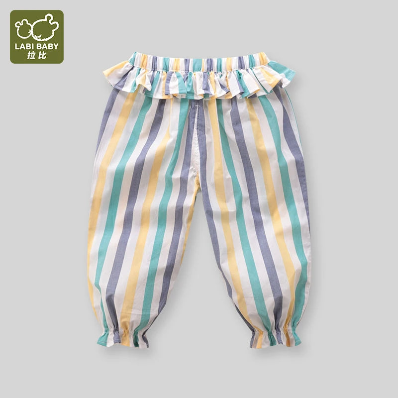 LABI BABY Cotton Stripe Pants for Boys Girls Elastics Waist Pants for Toddler with Macrame Children Trousers Kids Clothing