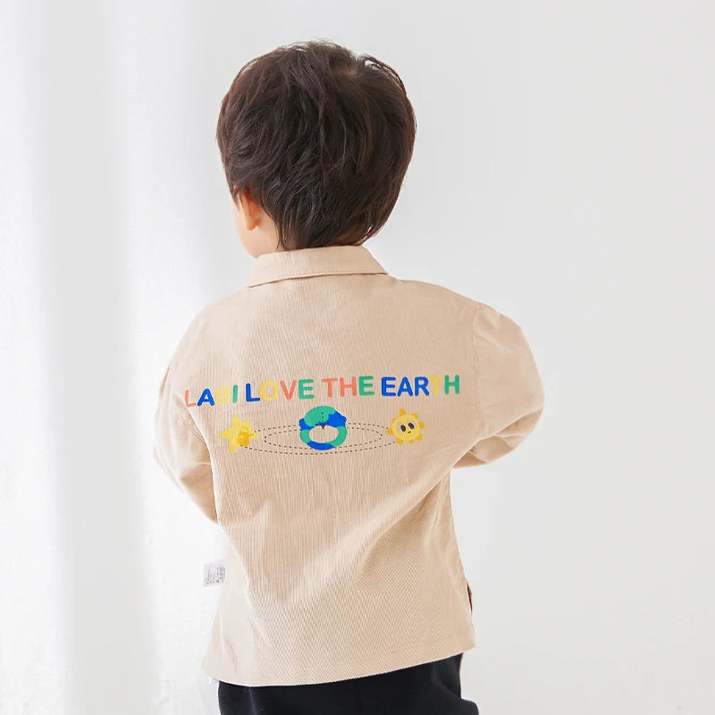 LABI BABY Durable Corduroy Shirt for Kids Autumn Spring Blouse Boys Girls Long Sleeve Tops with Snap Buttons Cartoon Letter Prin
