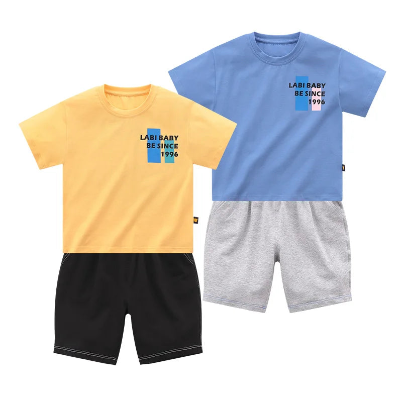 Boys Round Neck Sports Leisure Set Short Sleeve Tops Shorts Yellow Blue Kids T-shirt Summer Letter Print Children Clothing 1-6 T