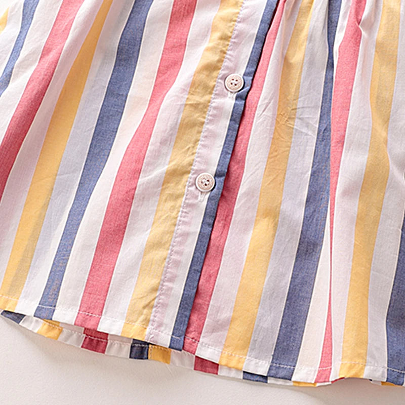Colorful Pleated Design Dress for Girls Baby Summer Thin Dresses Kids Stripes Print Round Neck Party Dress Summer Beach Clothes