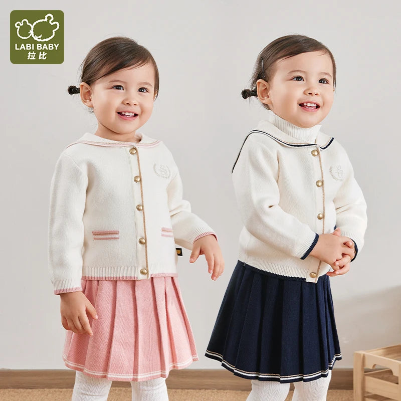 LABI BABY Girls Knitted Sweater and Skirt Set Lovely Long Sleeve Knit Cardigan Pleated Skirts Autumn Kids Boutique Clothing 1-6Y