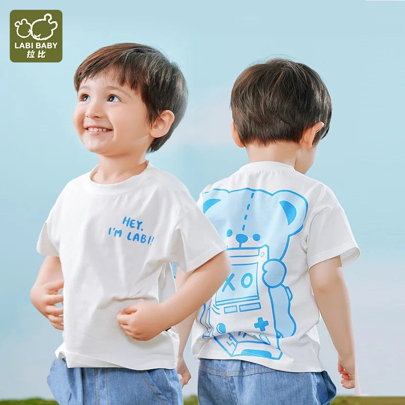 Summer Boys Girls Short Sleeve Round Neck T shirt Yellow Green Blue Cartoon Bear Top Casual Sports Tops Kids Children Clothing