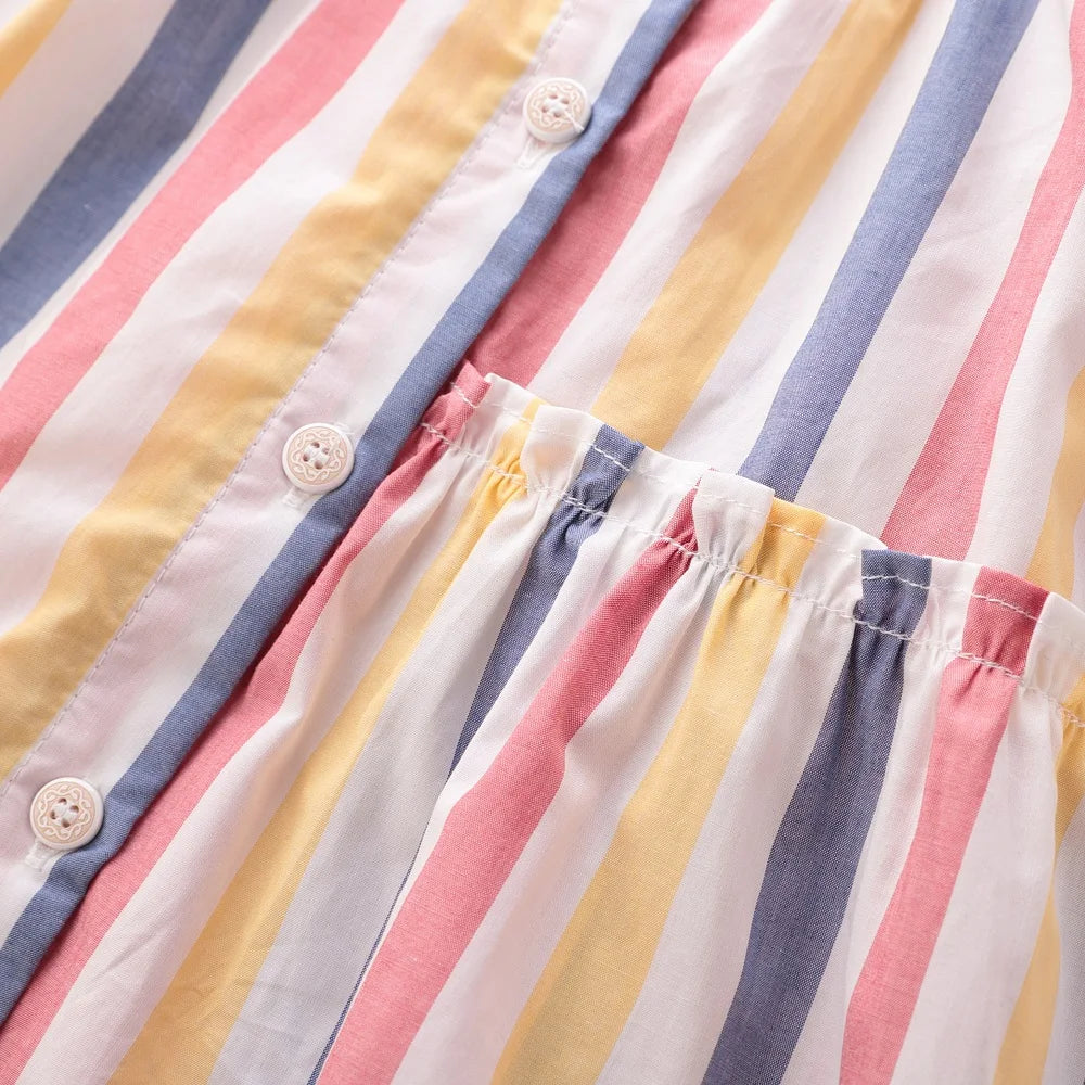 Colorful Pleated Design Dress for Girls Baby Summer Thin Dresses Kids Stripes Print Round Neck Party Dress Summer Beach Clothes