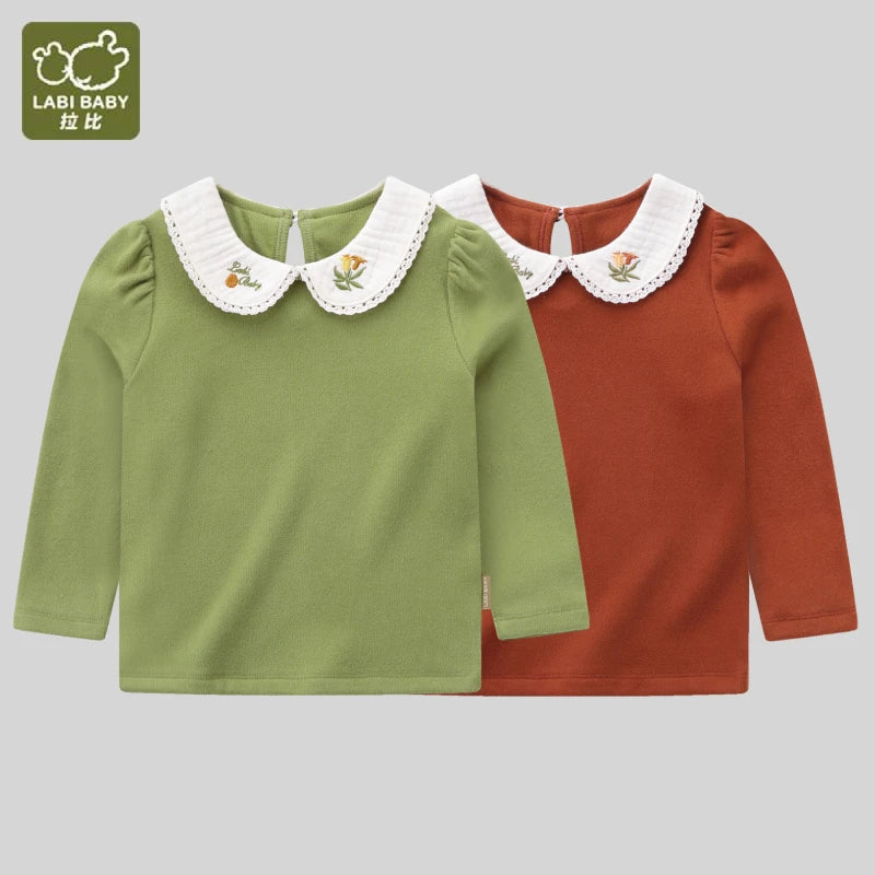 LABI BABY Girls Doll Collar T-shirt Autumn Long Sleeve Tops Flowers Embroidery Lapel Pullover Baby Clothes 1-6 Toddlers Clothing