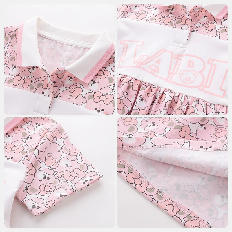 Pink Dresses Bear Cartoon Print Short Sleeve Dress For Kids Girl Cotton Cute kids clothes girl Knee Length dress 2024