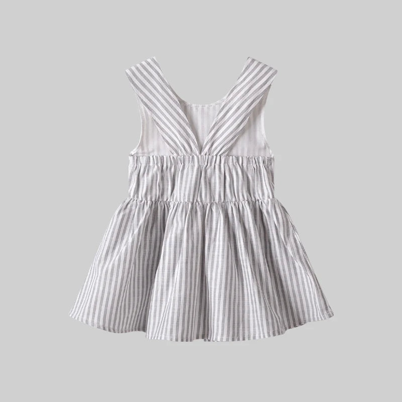 LABI BABY Cute Sleeveless Dresses for Baby Girls Summer Toddler Cotton Dress Cartoon Striped Pattern Thin Clothes Kids Clothing
