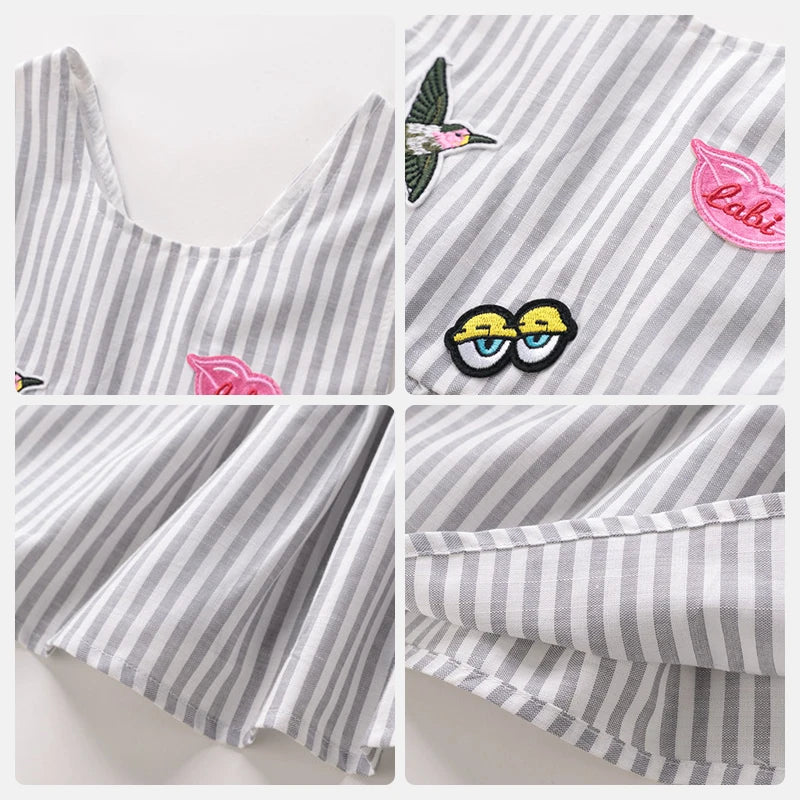 LABI BABY Cute Sleeveless Dresses for Baby Girls Summer Toddler Cotton Dress Cartoon Striped Pattern Thin Clothes Kids Clothing