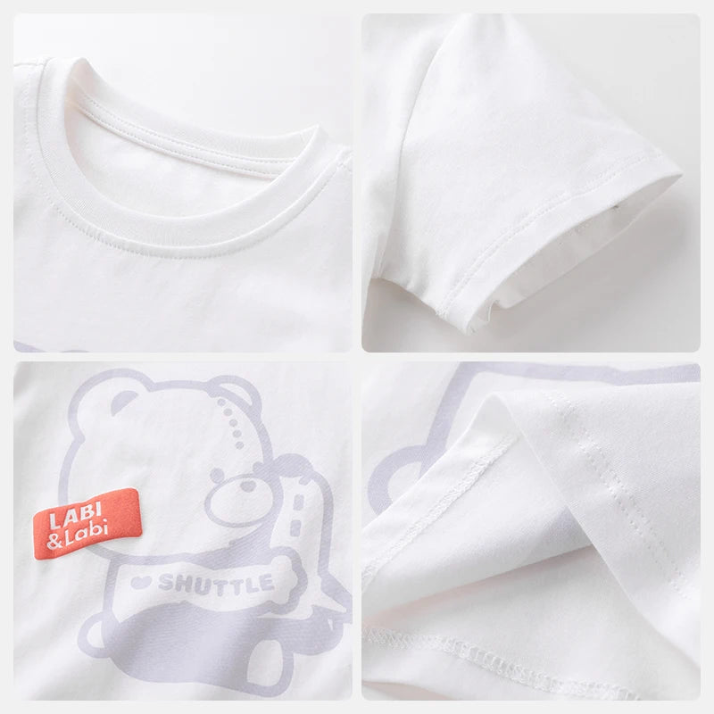 LABI BABY Cartoon Bear Pattern Boys Girls T shirt Cotton Summer Children Clothes Cute Kids Round Neck Top Clothing 1-6 Year