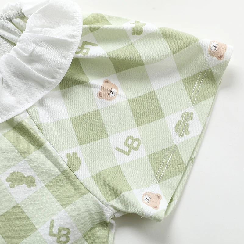 Girls Summer Top Short Sleeve Green T Shirt for Kids Girl Sweet Plaid Bear Print Tops 1-6 Years Children Baby Cotton Clothes