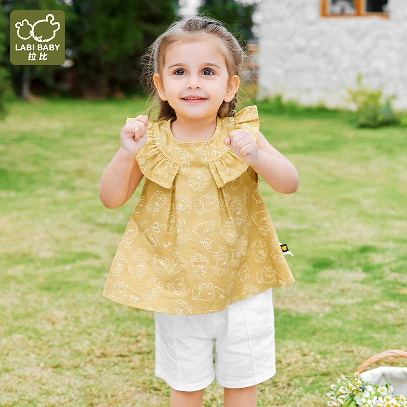 LABI BABY Girls Summer Sleeveless Ruffle Costume Set Butterfly Sleeve Top Outfits Set Toddler Cartoon Print T shirt Kids Clothes