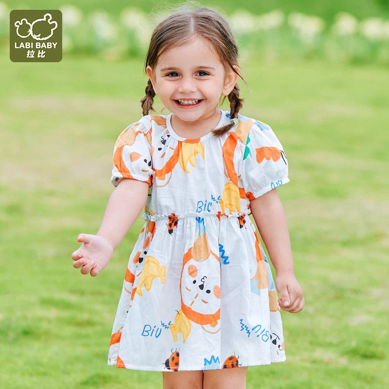 Girls Elegant Dresses Cartoon Print Puff Short Sleeve Dress for Kids Girl Cotton Cute Kids Clothes Girl Round Neck Dress 2024