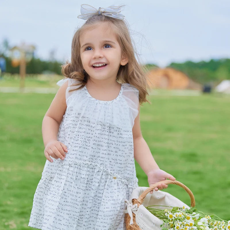 LABI BABY Sleeveless Mesh Collar Dress Summer Dresses for Girls Letters Prints Casual Princess Dress Toddler Infant Kid Clothing