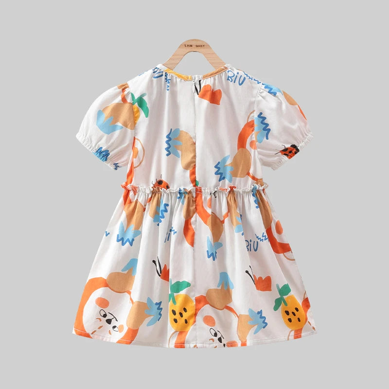 Girls Elegant Dresses Cartoon Print Puff Short Sleeve Dress for Kids Girl Cotton Cute Kids Clothes Girl Round Neck Dress 2024