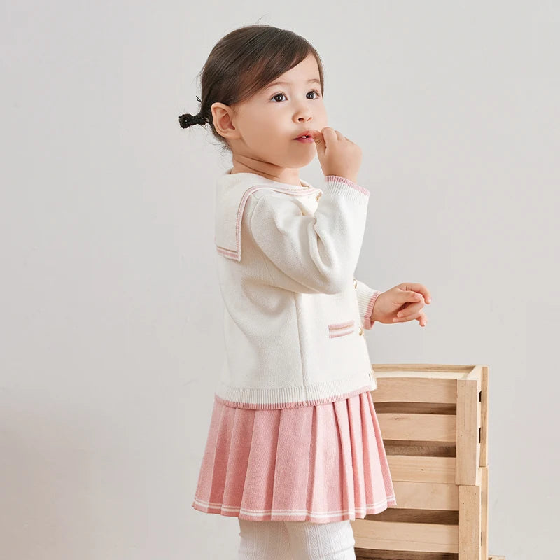 LABI BABY Girls Knitted Sweater and Skirt Set Lovely Long Sleeve Knit Cardigan Pleated Skirts Autumn Kids Boutique Clothing 1-6Y