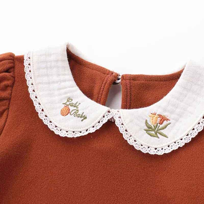 LABI BABY Girls Doll Collar T-shirt Autumn Long Sleeve Tops Flowers Embroidery Lapel Pullover Baby Clothes 1-6 Toddlers Clothing