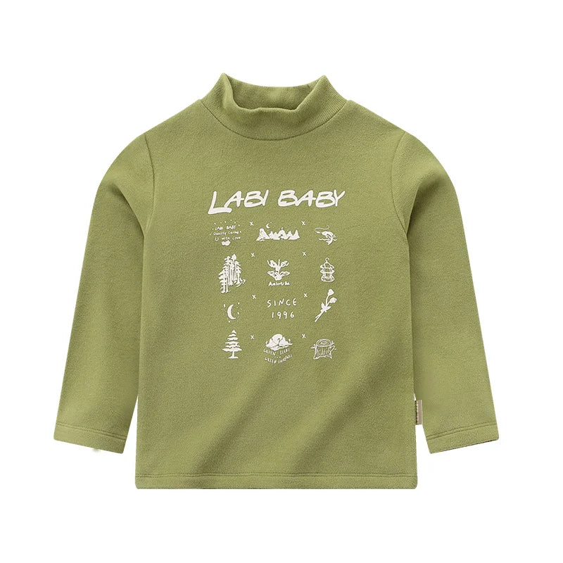 LABI BABY T-shirt Autumn Long Sleeve High Collar Tops for Boys Girls Kids Undershirt Green Blue Print Top Baby Boy Clothes