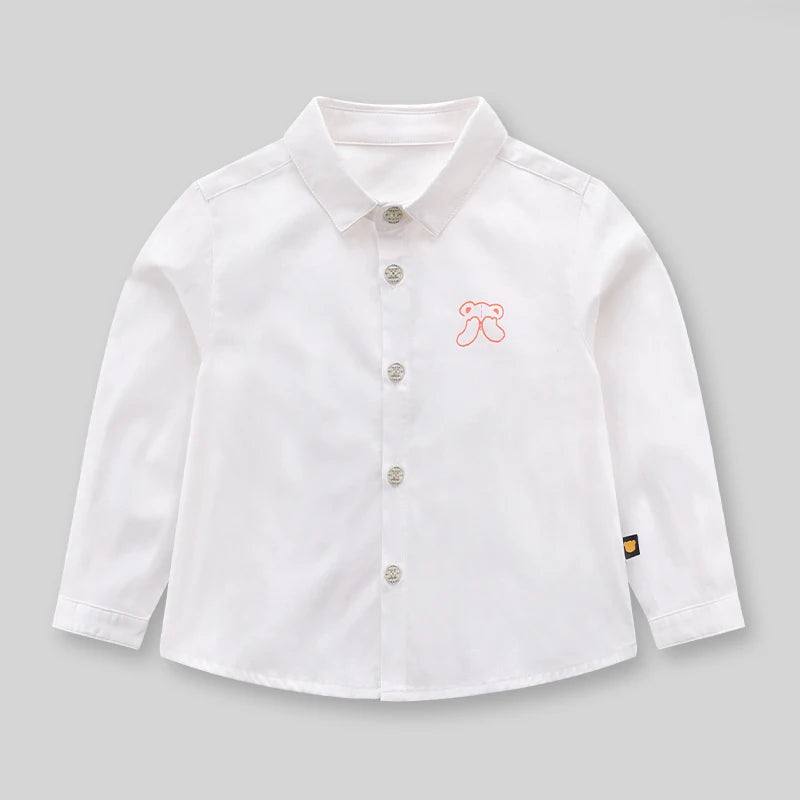 LABI BABY Durable White Shirt Kids Classic Blouse for Boys Girls Cotton Long Sleeve Top with Buttons Cartoon Print Shirts