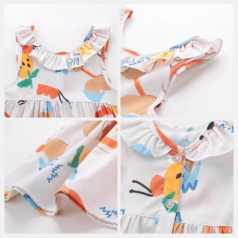 Summer Girls Dresses Cartoon Print Sleeveless Cotton Dress for Girls Kids Children Cute Round Neck Dresses Baby Girls Clothes