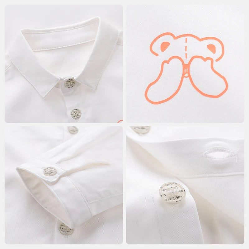 LABI BABY Durable White Shirt Kids Classic Blouse for Boys Girls Cotton Long Sleeve Top with Buttons Cartoon Print Shirts