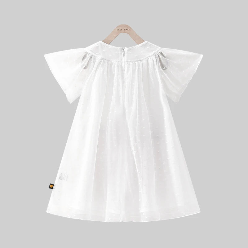 Summer Girl Heart Mesh Layered Dress High end Princess Fairy Dresses Flower Sleeve Frocks White Blue Dresses Kids Children Cloth