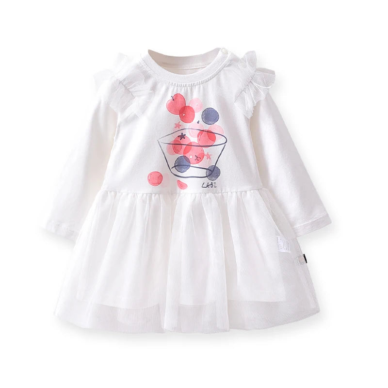 Spring and Autumn Cute Dress 1-2 Year Old Girl Lace Dress Long sleeved Shoulder Open Button Casual Children's Clothing