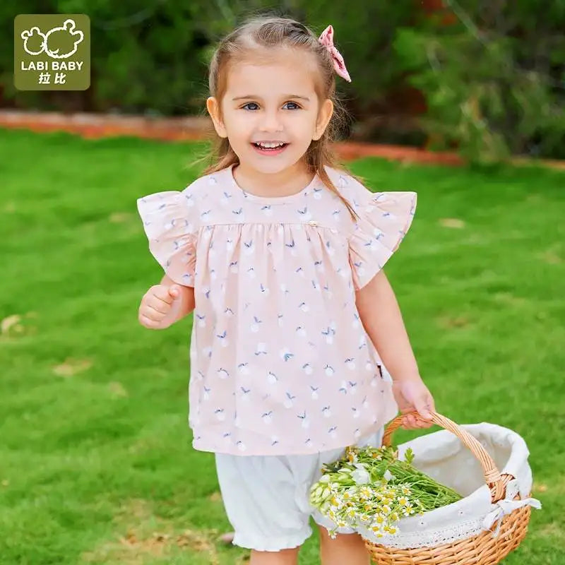 LABI BABY Girls Summer Ruffle Top Shirt Floral Prints Short Outfits Set Toddler Fly Sleeve T shirt Costume Kids Flowers Clothes