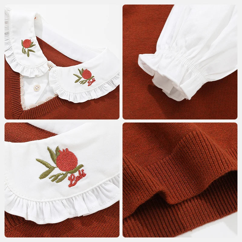 LABI BABY Girls Flower Embroidery Blouse Sweater Set Delicate Ruffled Collar Top Costume Set Kids T shirt Autumn Winter Clothing