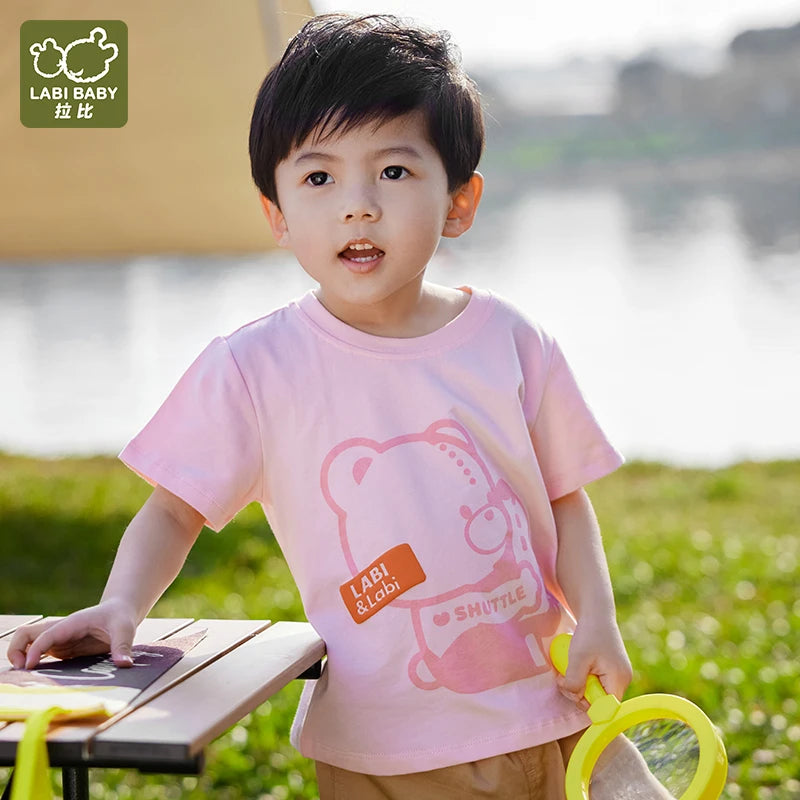 LABI BABY Cartoon Bear Pattern Boys Girls T shirt Cotton Summer Children Clothes Cute Kids Round Neck Top Clothing 1-6 Year