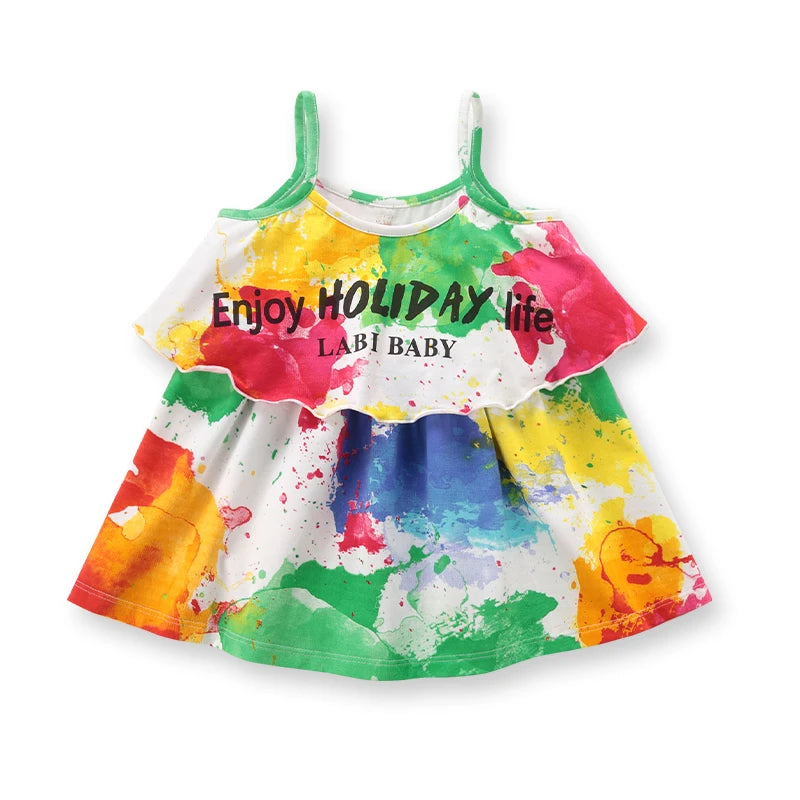 LABI BABY Summer Colorful Dresses for Girls Kids Cartoon Printed Cotton Dress Casual Girls Clothing Toddler Baby Girl Clothes