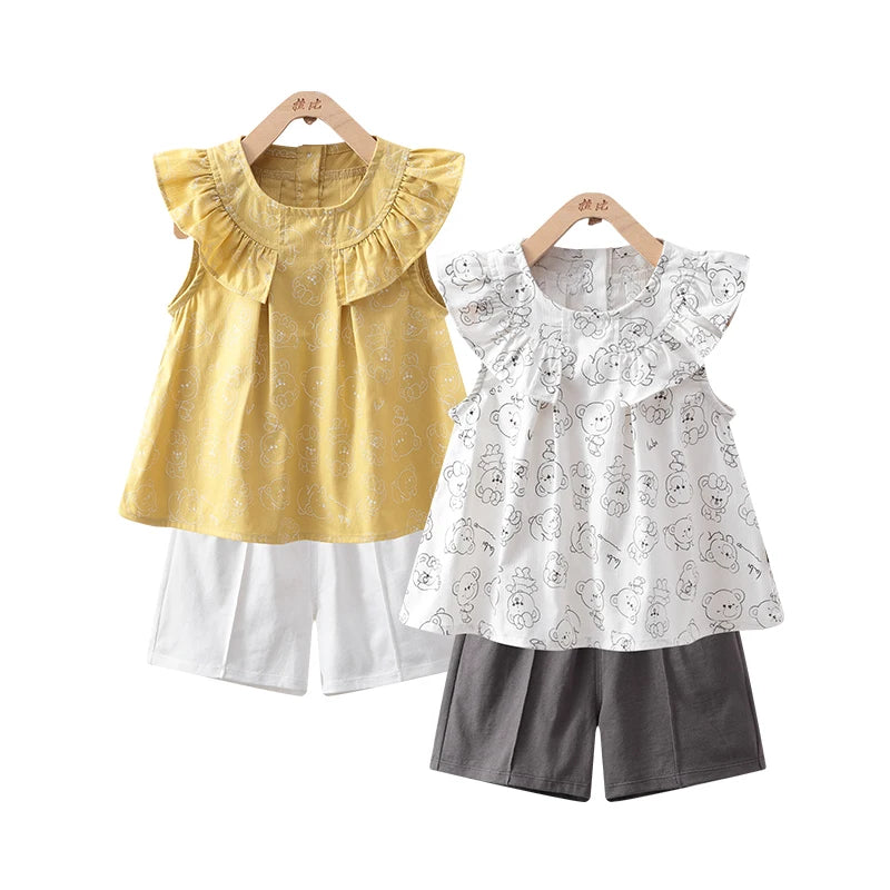 LABI BABY Girls Summer Sleeveless Ruffle Costume Set Butterfly Sleeve Top Outfits Set Toddler Cartoon Print T shirt Kids Clothes