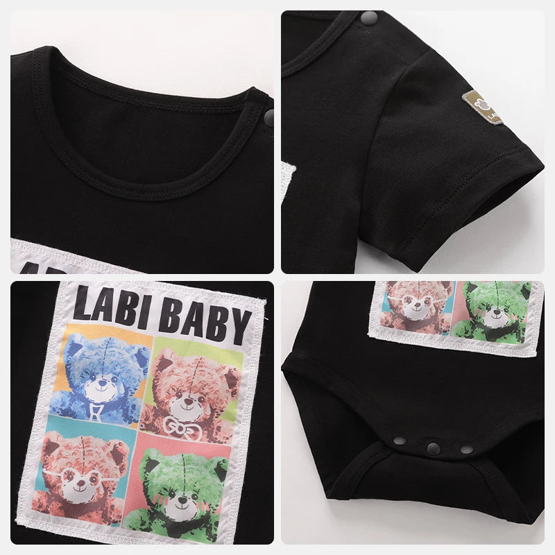 LABI BABY Cartoon Bodysuit for Boy Girls Fashion Bear Print Cotton Toddler Romper Infant Short Sleeve Newborn Soft Summer Romper