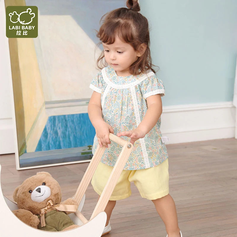 LABI BABY Summer Kid Baby Girls Short Sleeve Sweet Printing Tshirts Pastoral Style Kids Baby Girls Princess Children Clothes Top