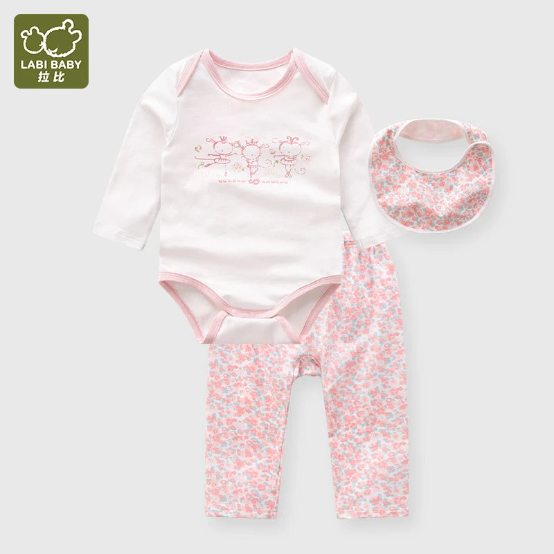 Baby Girls Romper Set Long Sleeve Bodysuit Floral Pants Flowers Bibs Toddler Lovely Outfit Spring Autumn Kids Infant Clothing