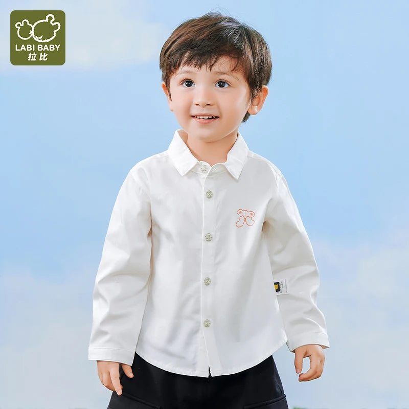 LABI BABY Durable White Shirt Kids Classic Blouse for Boys Girls Cotton Long Sleeve Top with Buttons Cartoon Print Shirts