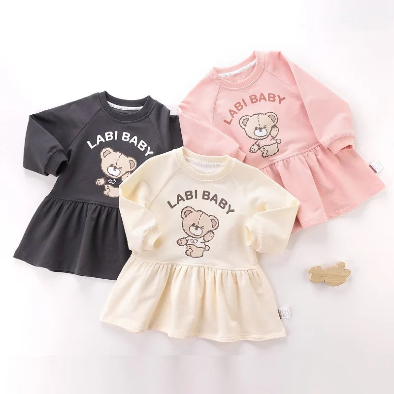 LABI BABY Casual Autumn Dresses for Girls Kids Long Sleeves Round Neck Dress Sweet Children Outdoor Clothing Toddler Clothes