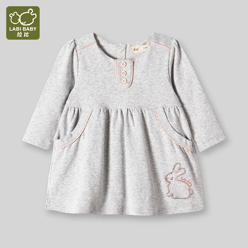 LABI BABY Autumn Dresses for Kids Girls 1-5 Years Old Children Casual Long Sleeve Dress with Pocket Indoor Outdoor Child Clothes