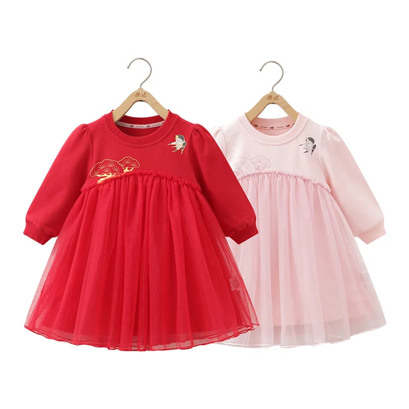 LABI BABY Girls Princess Dresses Sweet Kids Party Dress Children Mesh Dress Long Sleeve Festival Clothes School Casual Clothing
