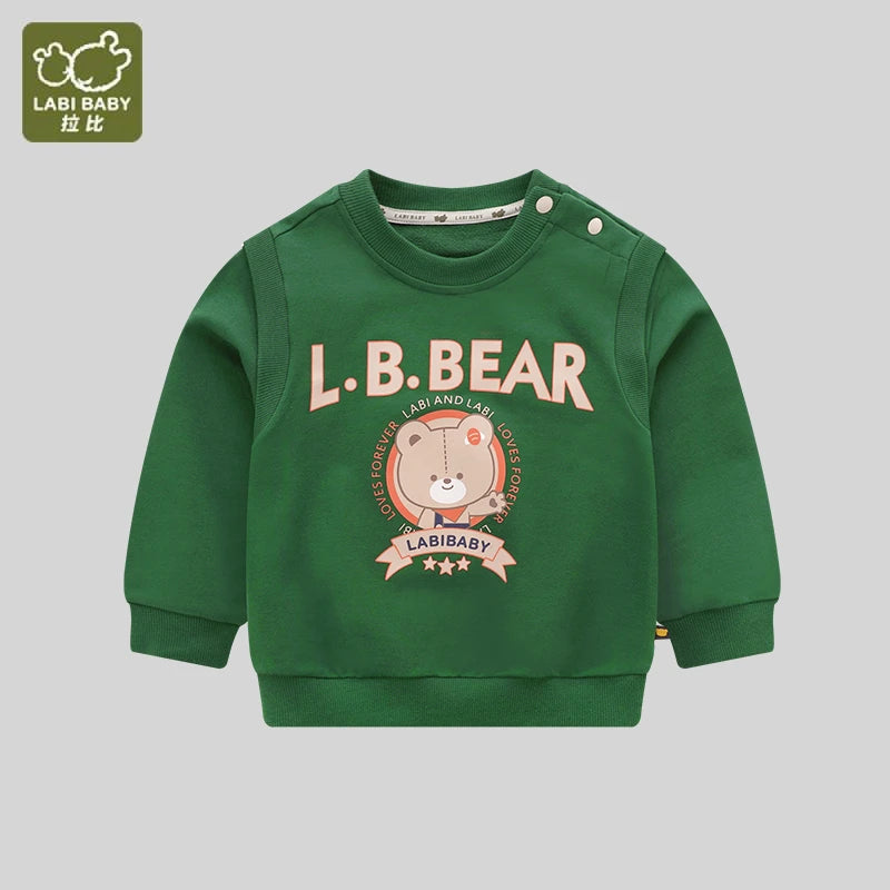 LABI BABY Autumn Sweatshirt for Boys Girls Long Sleeve Hoodies Bear Print Pullover Kids Green Tops Casual Toddler Child Clothes
