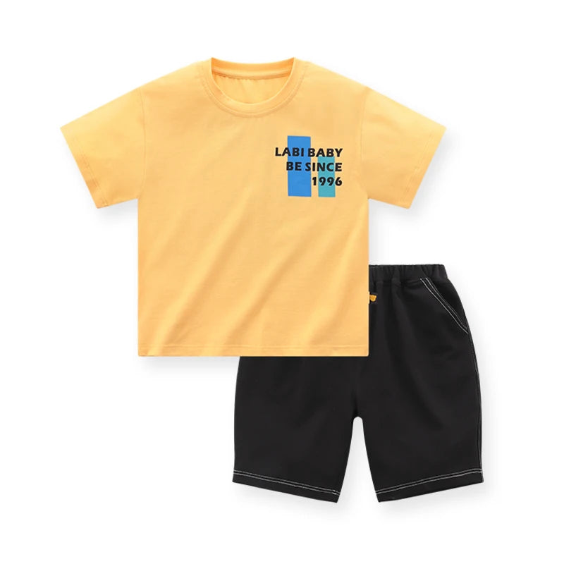 Boys Round Neck Sports Leisure Set Short Sleeve Tops Shorts Yellow Blue Kids T-shirt Summer Letter Print Children Clothing 1-6 T