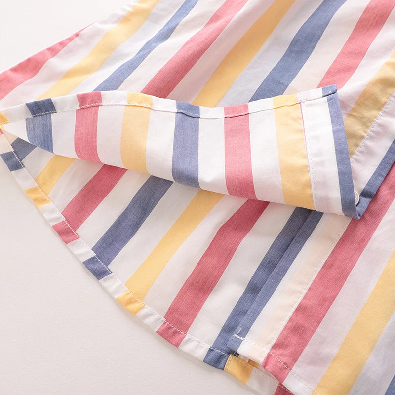 Colorful Pleated Design Dress for Girls Baby Summer Thin Dresses Kids Stripes Print Round Neck Party Dress Summer Beach Clothes