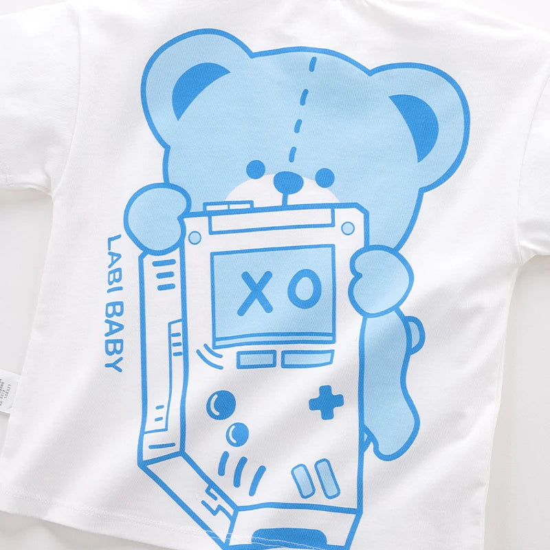 Summer Boys Girls Short Sleeve Round Neck T shirt Yellow Green Blue Cartoon Bear Top Casual Sports Tops Kids Children Clothing