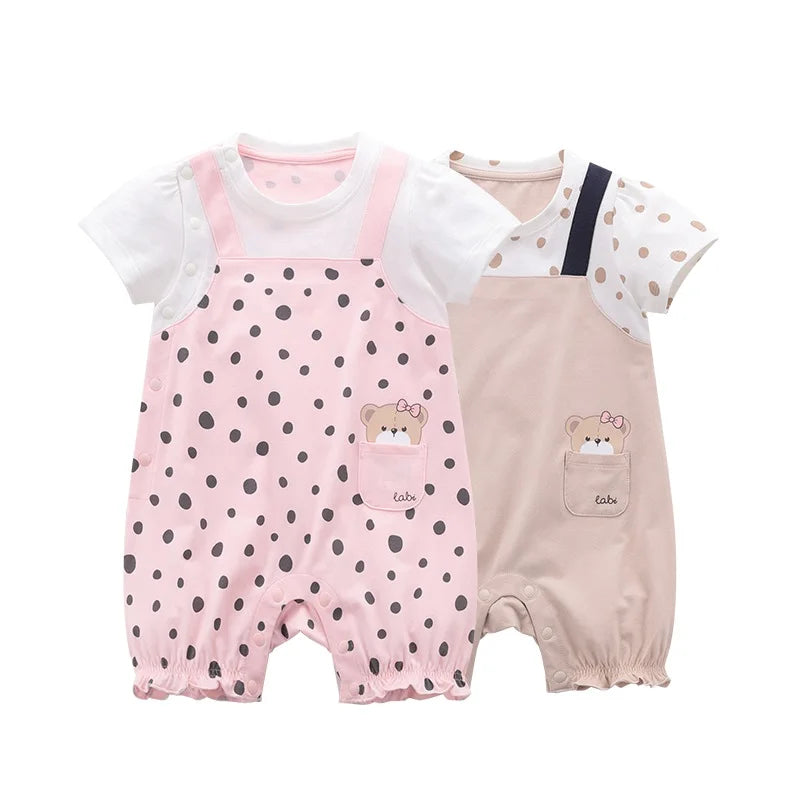 LABI BABY Polka Dot Bodysuit Bear Printed Cute Cotton Romper for Girls Boys Short Sleeve Onesie Toddler Summer Infant Jumpsuit