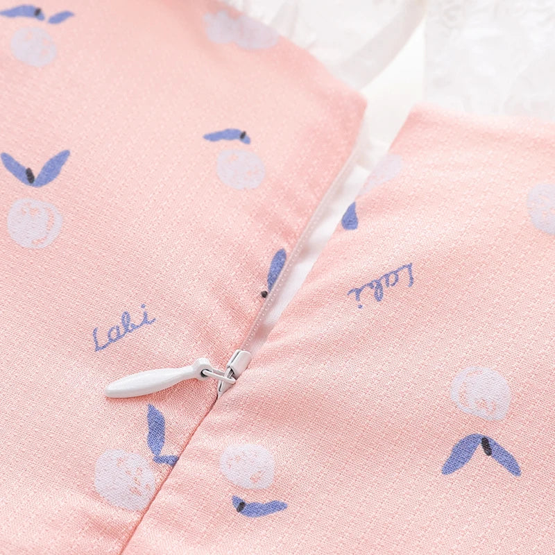 Pink Floral Dresses for Girls Flowers Print Full Sleeve Dress Cotton Lace Round Neck Baby Clothes Kids Knee Length Dress 2024