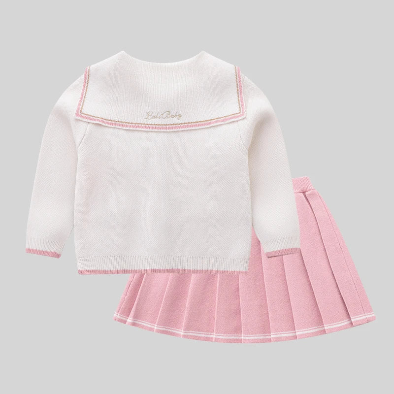 LABI BABY Girls Knitted Sweater and Skirt Set Lovely Long Sleeve Knit Cardigan Pleated Skirts Autumn Kids Boutique Clothing 1-6Y